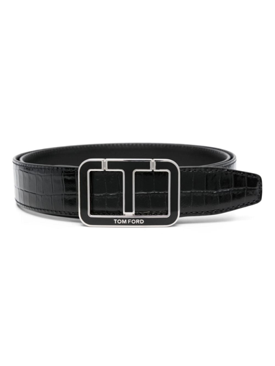 Shop Tom Ford Logo-plaque Leather Belt In Black