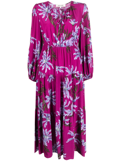 Diane Von Furstenberg Dominique Floral Long Sleeve Tiered Dress In Purple