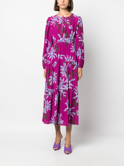 Diane Von Furstenberg Dominique Floral Long Sleeve Tiered Dress In Purple
