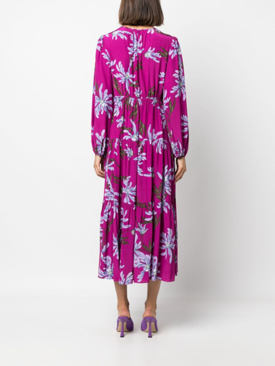 Diane Von Furstenberg Dominique Floral Long Sleeve Tiered Dress In Purple