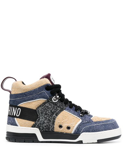 Shop Moschino Panelled Suede Hi-top Sneakers In Blue