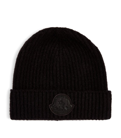 Shop Moncler Virgin Wool-blend Crystal-logo Beanie In Black