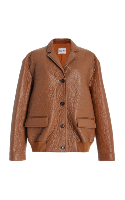 Shop Miu Miu Oversized Leather Blazer Jacket In Brown