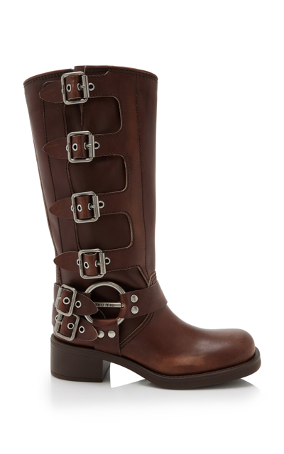 Shop Miu Miu Stivali Buckle-detailed Leather Knee Boots In Brown
