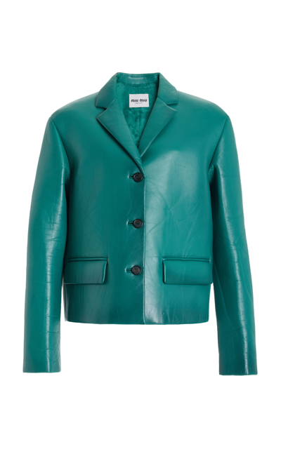 Shop Miu Miu Leather Blazer Jacket In Blue