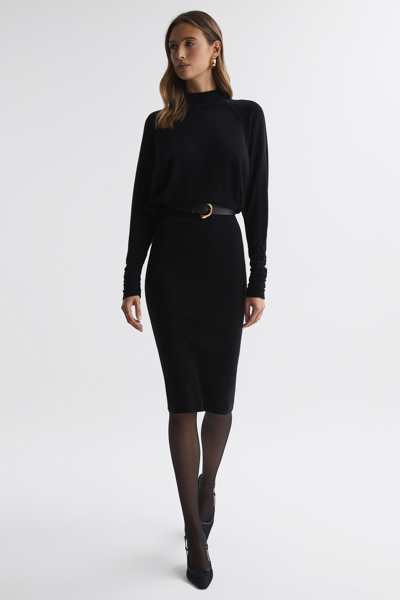 Shop Reiss Freya - Black Wool Blend Ruched Sleeve Midi Dress, M