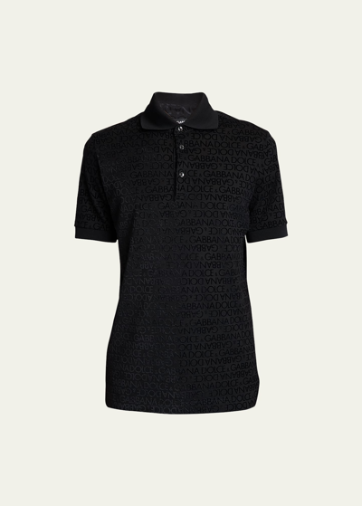 Shop Dolce & Gabbana Men's Repeat Flocked Logo Polo Shirt In Black