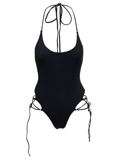Shop Attico Side-tie Open-back Swimsuit In Black Technical Fabric Woman