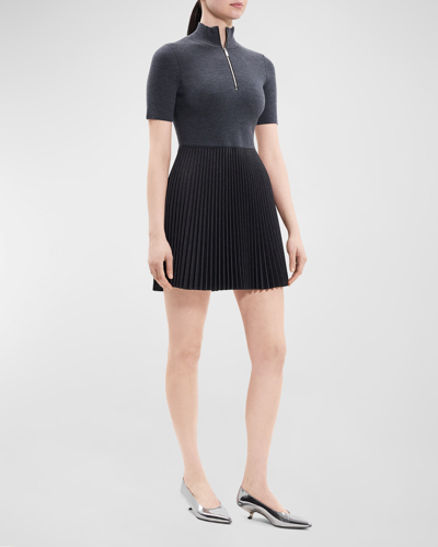 Shop Theory Short-sleeve Pleated Knit Combo Mini Dress In Charcoal Melange