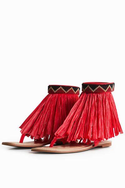 Shop Desigual Stella Jean Fringed Flat Sandal In Red
