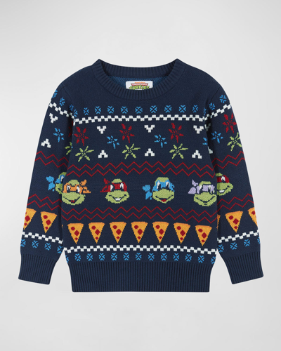 Shop Andy & Evan Boy's Christmas Turtles Intarsia Sweater In Navy Turtles