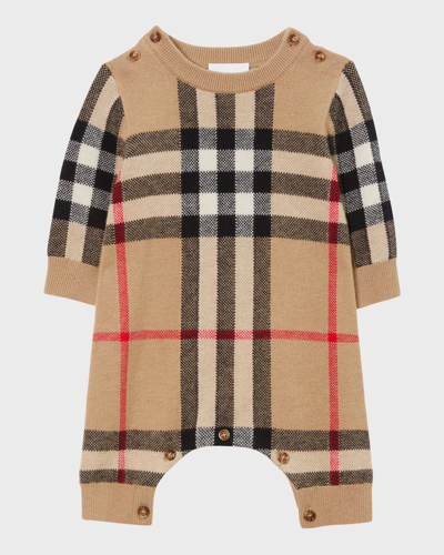 Shop Burberry Kid's Camillo Check-print Knit Coverall In Archive Beige Ip