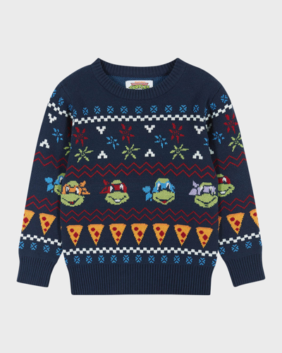Shop Andy & Evan X Teenage Mutant Ninja Turtles Jacquard Holiday Sweater In Navy Turtles