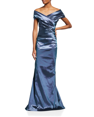 Rickie Freeman For Teri Jon Off-shoulder Ruched Taffeta Gown In Slate