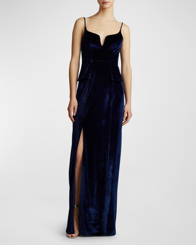 Shop Zac Posen Sleeveless Side-slit Velvet Peplum Gown In Dark Navy-402