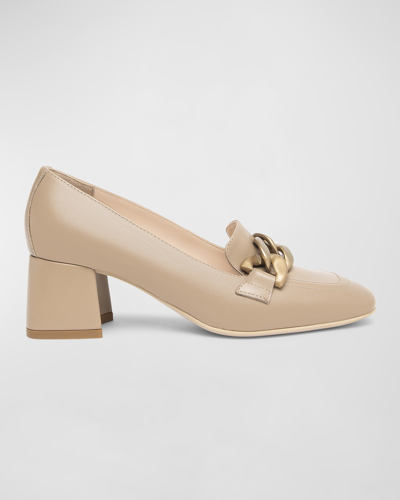 Shop Nerogiardini Leather Chain Heeled Loafer Pumps In Camel