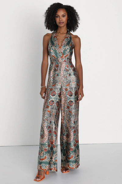 Lulus Divine Wanderings Teal Green Scarf Print Satin Wide-leg Jumpsuit In Teal Green