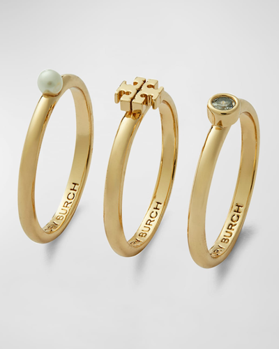 Shop Tory Burch Kira Pearl And Glass Crystal Ring Set In Tory Gold / Cream
