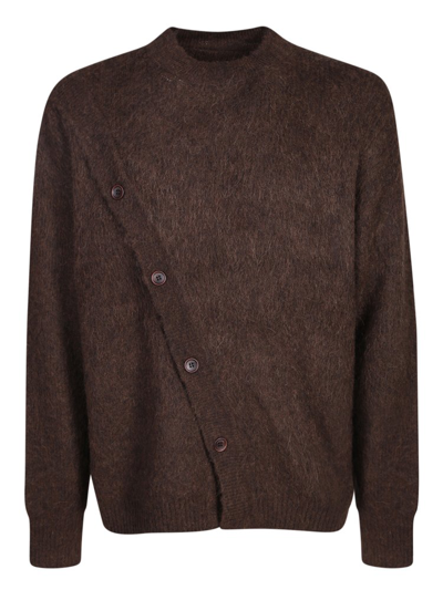 Shop Jacquemus Asymmetrical Buttons Crewneck Knit Sweater In Brown