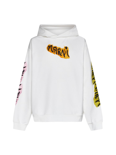 Shop Marni Graffiti Printed Long Sleeved Hoodie In White