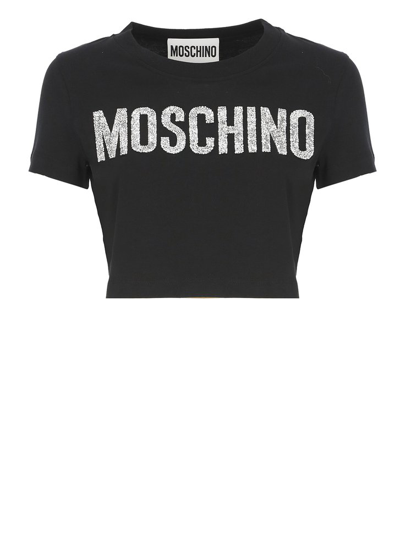 Shop Moschino Logo Embellished Crewneck Cropped T In Black