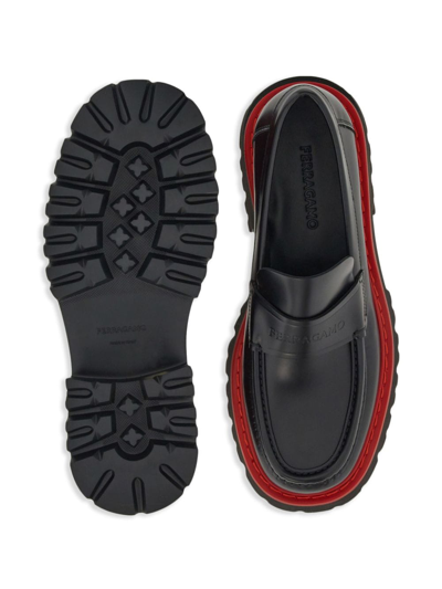 Shop Ferragamo Contrasting-sole Leather Loafers In 黑色