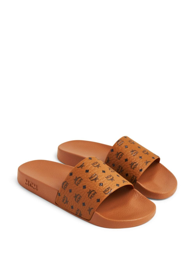 Shop Mcm Logo-print Moulded-footbed Slides In Brown