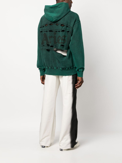 Aries Logo-print Distressed-finish Cotton Hoodie In 绿色