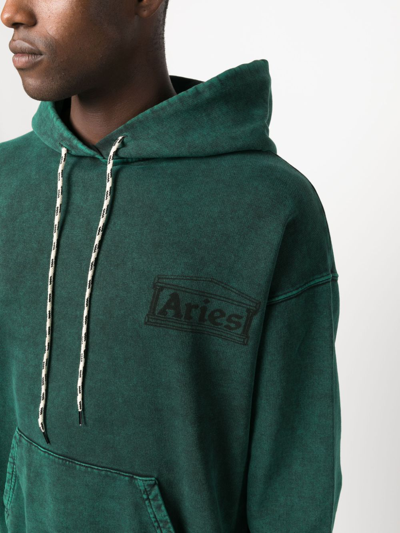 Shop Aries Logo-print Distressed-finish Cotton Hoodie In 绿色
