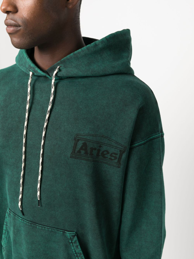 Aries Logo-print Distressed-finish Cotton Hoodie In 绿色