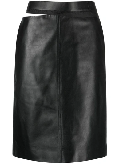 Shop Fendi Leather Midi Skirt In Black