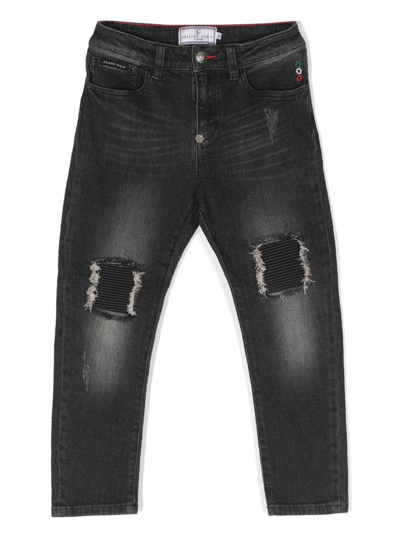 Philipp Plein Junior Kids' Logo-embroidered Distressed Jeans In Black |  ModeSens