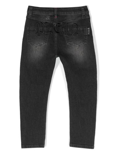Shop Philipp Plein Junior Logo-embroidered Distressed Jeans In Black