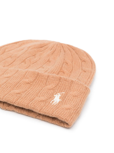 Shop Polo Ralph Lauren Polo Pony-embroidered Cable-knit Beanie In Brown