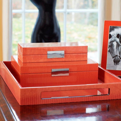Addison Ross Ltd Large Orange Croc Lacquer Box With Silver In Orange