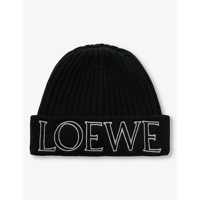 Shop Loewe Women's Black Logo-embroidered Wool-knit Beanie