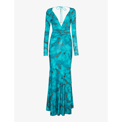 Shop Roberto Cavalli Women's Oro Turchese Abstract-pattern Open-back Stretch-woven Midi Dress
