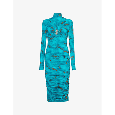 Shop Roberto Cavalli Women's Oro Turchese Abstract-pattern High-neck Stretch-woven Midi Dress