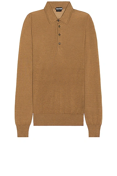 Shop Tom Ford Piquet Long Sleeve Polo In Camel