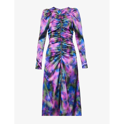 Shop Ganni Women's Simply Purple Abstract-pattern Long-sleeved Stretch-silk Midi Dress
