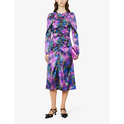 Shop Ganni Women's Simply Purple Abstract-pattern Long-sleeved Stretch-silk Midi Dress
