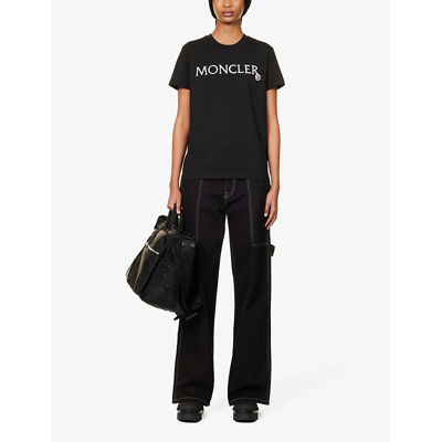 Shop Moncler Women's Black Brand-appliquéd Ribbed-trim Cotton-jersey T-shirt