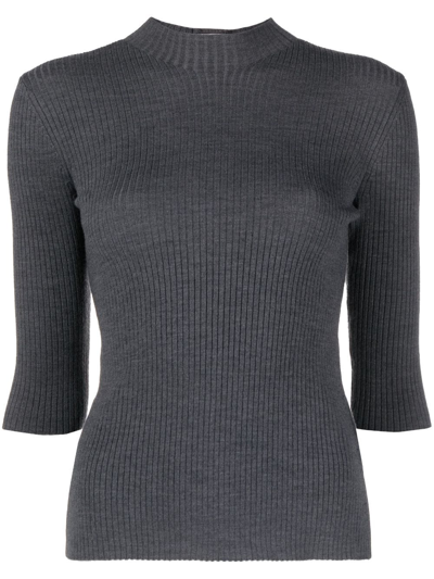 Shop Maje Ribbed-knit Mock-neck Top In Grey
