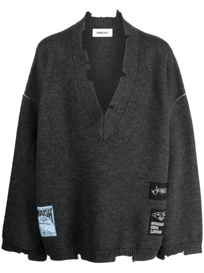Shop Ambush Logo-patch V-neck Wool Jumper In Grey