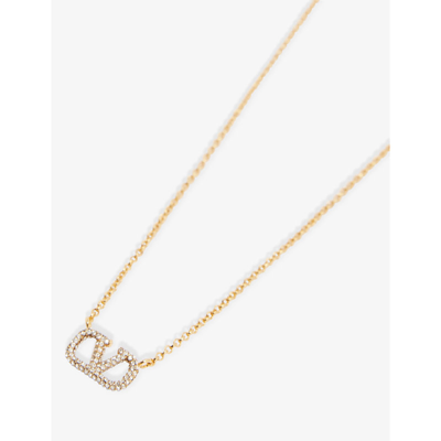 Shop Valentino Garavani Women's Oro/crystal Silver Shade Vlogo Brass And Crystal Pendant Necklace
