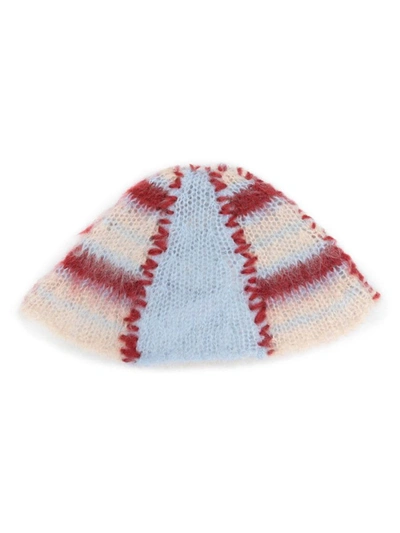 Shop Marni Striped Knitted Beanie In White+red