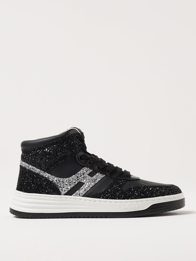 Shop Hogan H630 Basket Sneakers In Leather And Glitter In Black