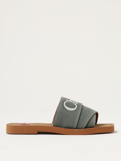 Shop Chloé Woody Slides In Canvas With Embroidered Logo In Forest Green