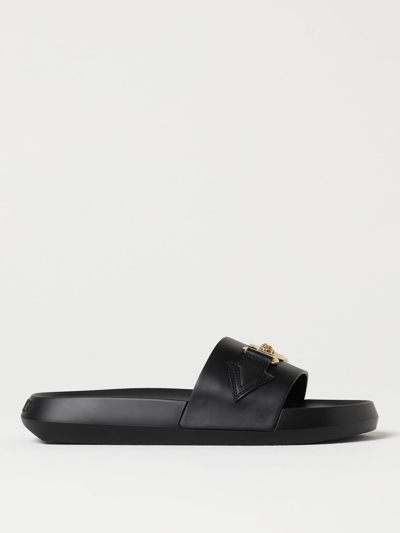 Shop Versace Slides In Leather With Medusa In Black