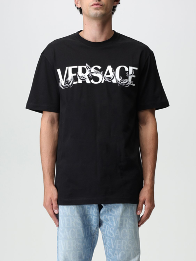 Shop Versace Cotton T-shirt With Baroque Silhouette Logo In Black